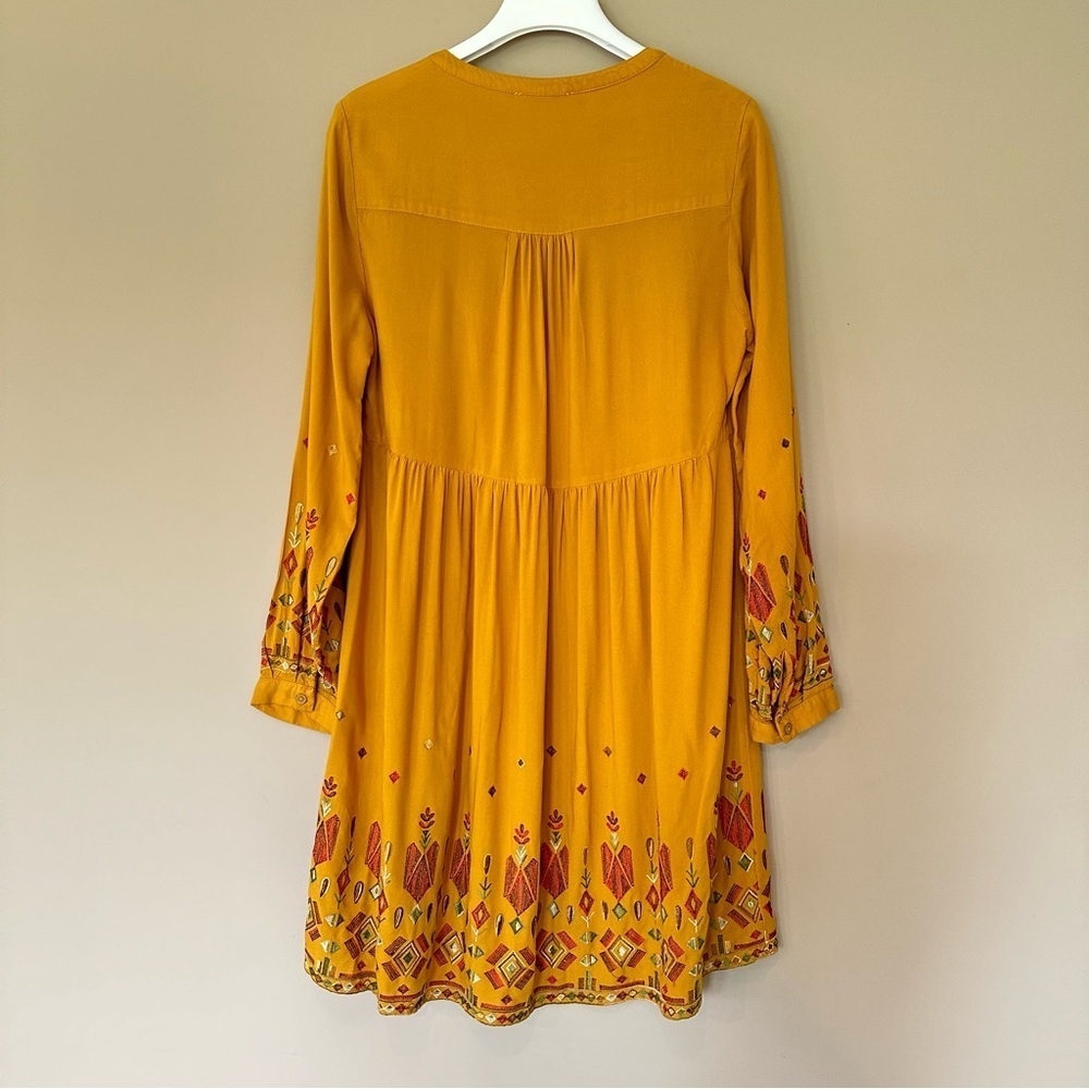 Women M Boho Long Sleeve Dress Embroidered V Neck India Mustard Gold Geometric - Picture 9 of 11